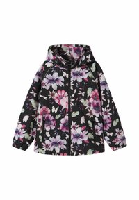 Giacca impermeabile floreale con una base nera decorata da fiori rosa e bianchi, foglie verdi, cappuccio, chiusura con zip e polsini elasticizzati.
