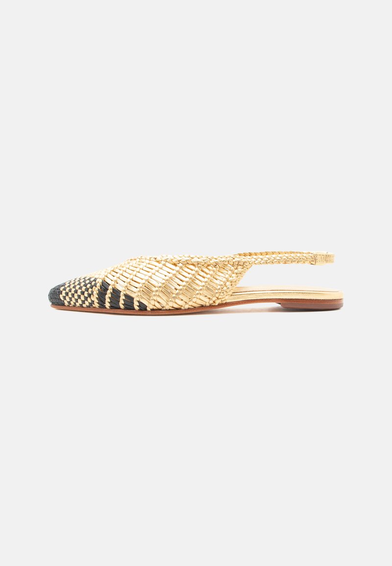 Chaussure à bride arrière plate avec bout pointu, présentant un motif écossais beige et noir sur la pointe et un tissage de couleur paille naturelle sur le corps.