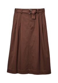 Jupe midi marron taille haute avec plis, poches latérales, passants de ceinture et ceinture en tissu avec boucle double anneau en métal.