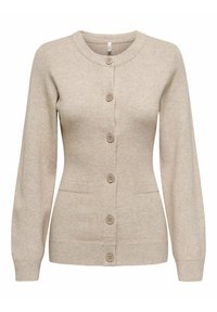 Cardigan beige en tissu tricoté doux. Il présente un décolleté rond, une fermeture à boutons, deux poches avant et des poignets et un ourlet côtelés.