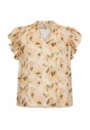 Korte mouwen blouse met gerimpelde mouwen, v-hals en abstract bloemenpatroon in roze, beige en olijfgroene tinten, gemaakt door MOS MOSH.