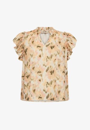 Bluză cu mâneci scurte cu volane, decolteu în V și model abstract floral în tonuri de roz, bej și măsliniu, realizată de MOS MOSH.