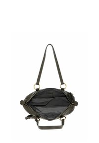 Sac à main en cuir gris foncé de forme ovale structurée, avec une doublure en tissu rayé et deux anses ornées de ferrures dorées.