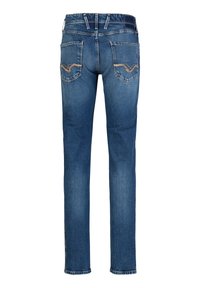 Slim-fit blauwe spijkerbroek met een middelhoge taille, voorzien van twee achterzakken met geborduurde details en een rafelige zoom.