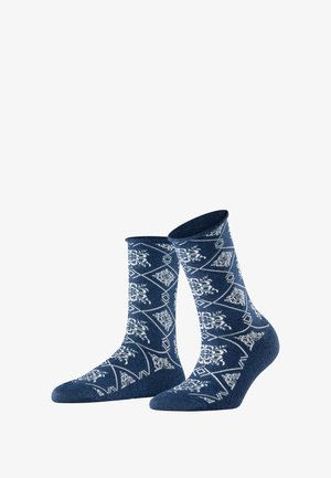 Marineblauwe katoenen sokken met witte geometrische patronen, voorzien van een ribbelboord en een verstevigde teen voor extra duurzaamheid.