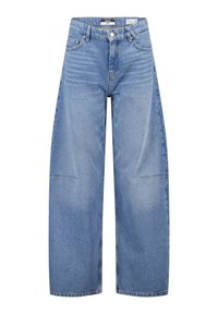 Blauwe denim wijde jeans met een hoge taille, uitgerust met grote zakken en subtiele stikdetails. Getextureerde stof met een gemiddelde wassing.