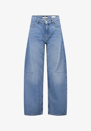 Blue denim wide-leg jeans with a high waist, featuring large pockets and subtle stitching details. Textured fabric with a medium wash.