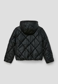 Zwarte pufferjack met capuchon, diamantpatroon en elastische zoom. Gemaakt van een glanzend, synthetisch materiaal.