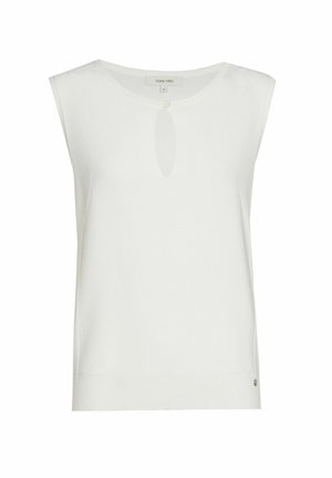 Haut en tricot sans manches blanc avec encolure ronde, petite ouverture en forme de goutte et fermeture par un seul bouton à l'avant, ainsi qu'une petite étiquette logo en métal près de l'ourlet.