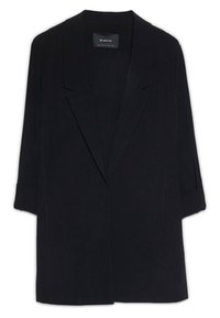 Black oversized blazer with a notched collar, three-quarter sleeves, and a smooth, matte fabric finish. No fasteners, minimalist design.