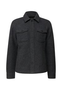 Mörkgrå ulljacka med knäppning framtill, två bröstfickor och klassisk krage. Texturerad tyg med en strukturerad passform.