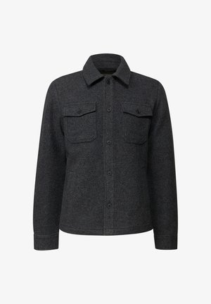 Ciemnoszara wełniana kurtka z zapięciem na guziki z przodu, dwoma kieszeniami na piersi i klasycznym kołnierzem. Teksturowana tkanina o dopasowanym kroju.