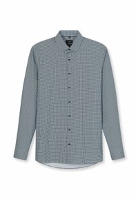 Herren-Hemd mit langen Ärmeln, Knopfleiste, kleinem blau-weißen Karomuster und klassischem Kragen.