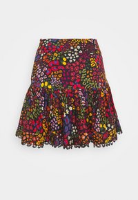 Jupe courte évasée avec imprimé léopard multicolore et floral, dotée d'un ourlet à volants orné de dentelle noire.
