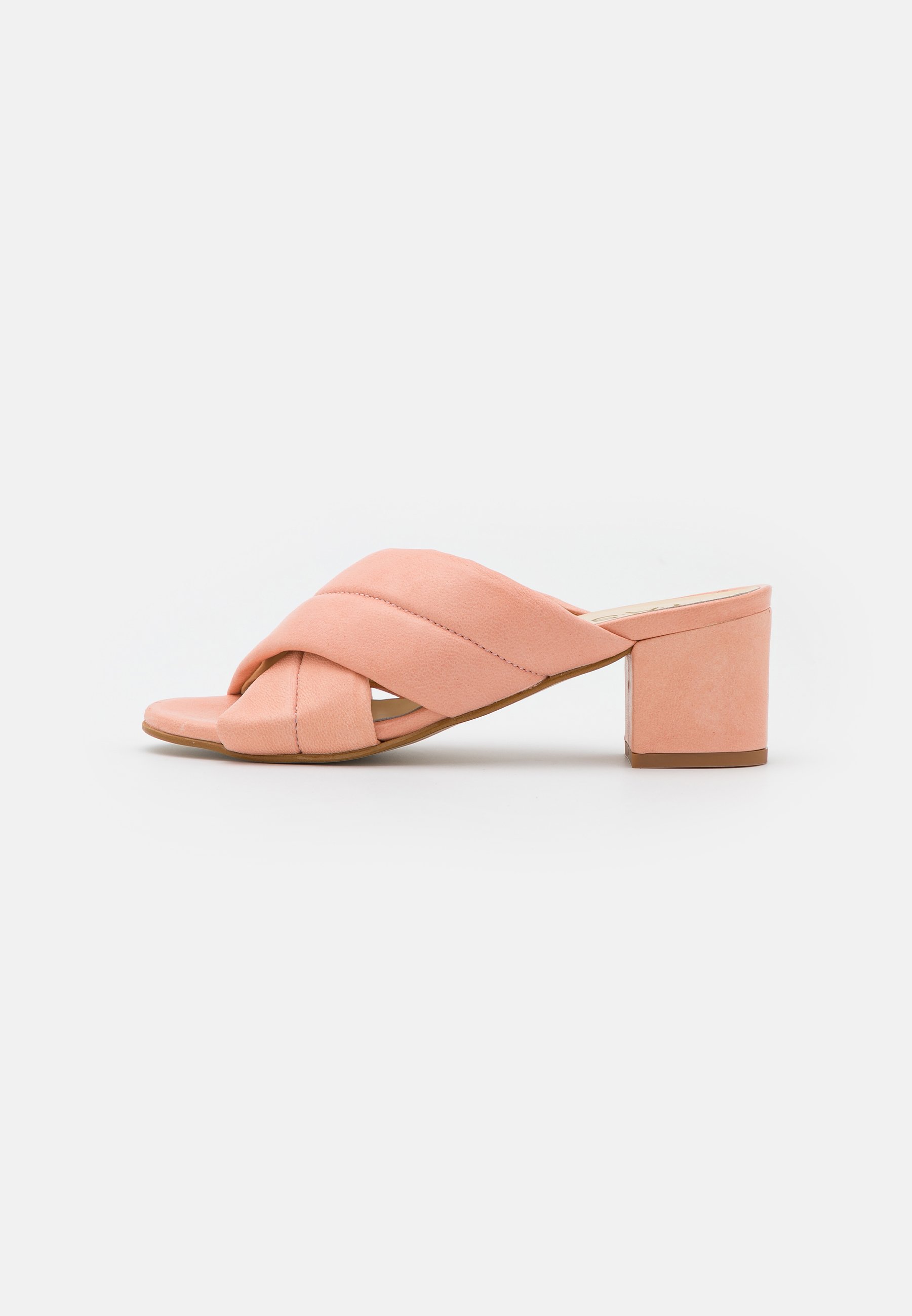 blush heeled mules