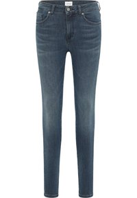Jeans ajustados de color azul oscuro con una suave textura de denim, diseño de cinco bolsillos y detalles de costura sutiles. Cuenta con un cierre de cremallera y botón.
