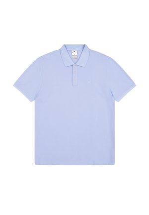Polo shirt di colore azzurro realizzato in cotone, con colletto, patta con tre bottoni e un piccolo logo ricamato sul petto. Maniche corte.