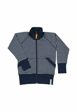 Marineblå og hvid stribet zip-jakke med høj krave, lange ærmer og to forbagslommer. Orange lynlåstræk. Blød stoftekstur.