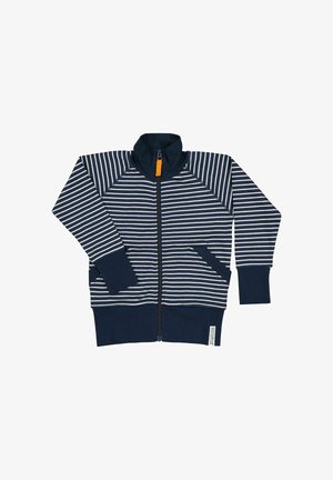 Marineblå og hvid stribet zip-jakke med høj krave, lange ærmer og to forbagslommer. Orange lynlåstræk. Blød stoftekstur.