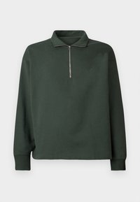 Mørkegrøn pullover med høj krave og en delvis lynlås. Lavet af blødt stof, har lange ærmer og en afslappet pasform.