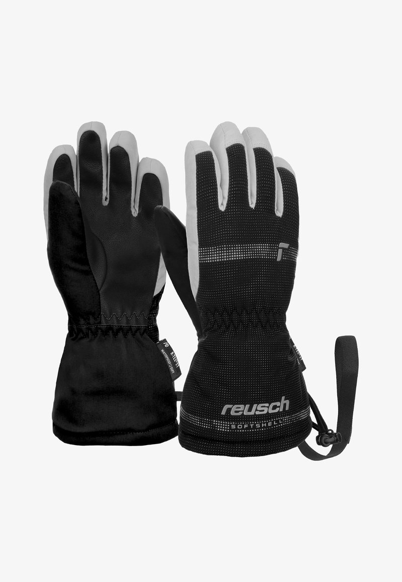 Schwarze Winterhandschuhe mit grauen Akzenten, aus Softshell-Material. Merkmale sind ein eng anliegender Handgelenkabschluss und eine strukturierte Handfläche für besseren Grip.