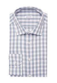 Camicia bianca con motivo a quadri blu, colletto button-down, maniche lunghe, polsini con un solo bottone e etichetta del marchio "seidensticker" all'interno del colletto.