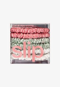 Six silk skinny scrunchies in pink, green, and white, displayed in a clear box. Features a smooth texture and gathered design.