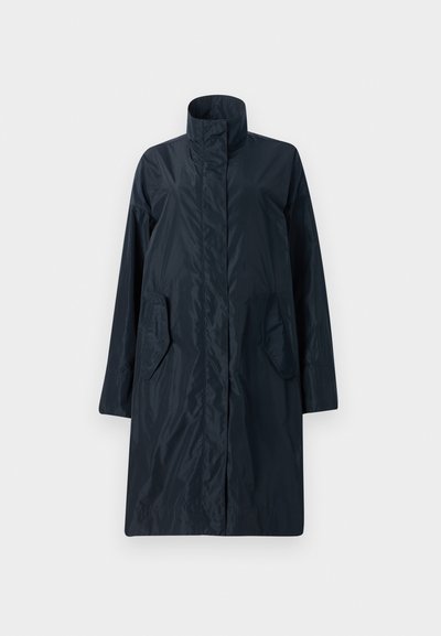 Navy blue waterproof coat with a high collar, long sleeves, and two side pockets; features a sleek, smooth texture and minimalist design.