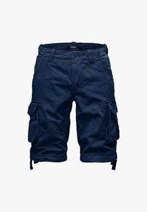 Marineblaue Cargo-Shorts mit strukturierter Oberfläche, ausgestattet mit zwei seitlichen Taschen, verstellbaren Kordeln am Saum und einem Knopfverschluss.