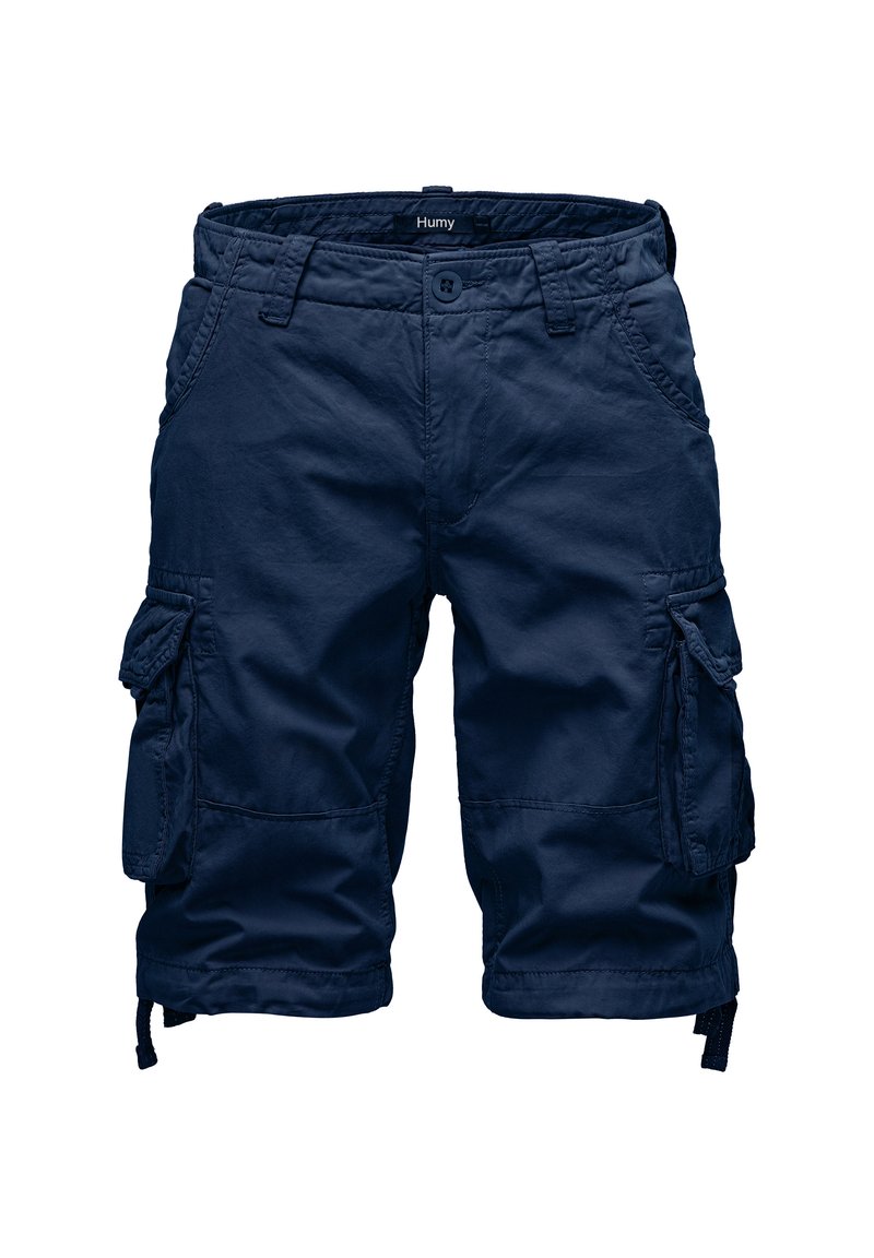 Marineblaue Cargo-Shorts mit strukturierter Oberfläche, ausgestattet mit zwei seitlichen Taschen, verstellbaren Kordeln am Saum und einem Knopfverschluss.