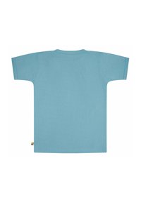 Lichtblauw katoenen t-shirt met korte mouwen, ronde halslijn en een zijlabel met een veelkleurig ontwerp. Soepele textuur.