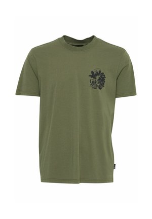 Olive roheline lühikeste varrukatega T-särk, mis on valmistatud puuvillast, esiküljel must graafiline print, ümar kaelus ja tavaline lõige.