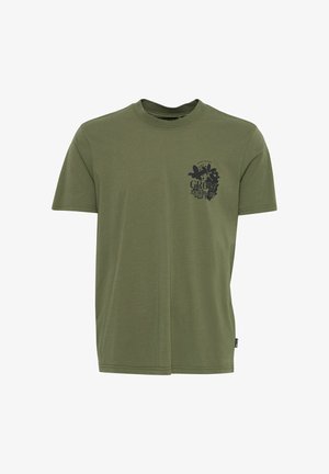 Olivgrünes T-Shirt mit kurzen Ärmeln aus Baumwolle, mit einem schwarzen Grafikdruck auf der Vorderseite, Rundhalsausschnitt und normaler Passform.