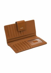 Portefeuille en cuir marron avec une finition texturée, comportant plusieurs compartiments pour cartes, une fenêtre d'identification transparente et une fermeture à pression. Nom de la marque "Fossil" embossé.
