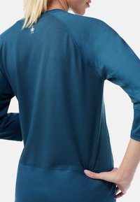 Türkisfarbenes Langarmshirt mit strukturiertem Oberteil, glattem Unterteil und kleinem Logo auf der Rückseite. Mit abgerundetem Saum und bequemem Schnitt.