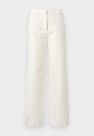 Λευκό παντελόνι με λεπτές κάθετες ρίγες, μπροστινό φερμουάρ, θηλιές για ζώνη και ίσια γραμμή ποδιού.