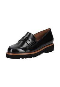 Mocasini din piele patentată neagră cu un finisaj lucios, proiectați cu un vârf rotunjit, un detaliu decorativ și o talpă din cauciuc texturată.