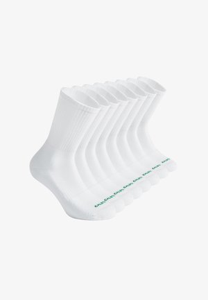 White cotton crew socks, ribbed design, featuring a green logo along the ankle. Pack of six, standard shape, soft texture.