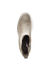 Suede ankle boot in light beige with a rounded toe, side zipper, and a textured finish. Minimalistic design with sturdy sole.