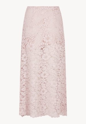 Lichtroze A-lijn rok tot op de knie met bloemenkantoverlay en golvende zoom, uitgevoerd in halfdoorzichtige stof.