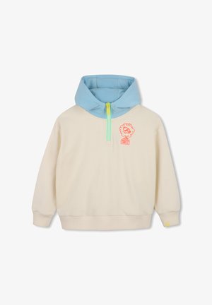 Crèmekleurige trui met lichtblauwe capuchon, neongroene rits en klein oranje bloemmotief met het woord "SMILE" op de borst.