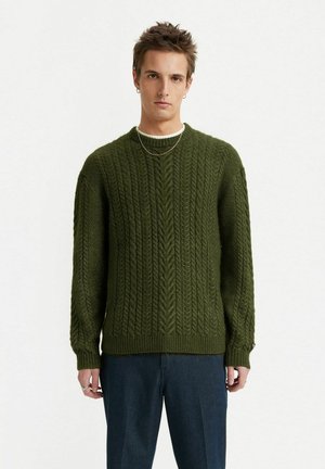 Dark green cable-knit sweater with a round neckline, ribbed cuffs, and hem. Textured, cozy material with prominent braided pattern.