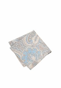 Decorative fabric napkin in beige and light blue with a paisley pattern. Soft texture, square shape, folded at a diagonal.