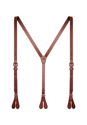Brune lær Y-rygg seler med justerbare stropper og knappefester for bukser på hvit bakgrunn.