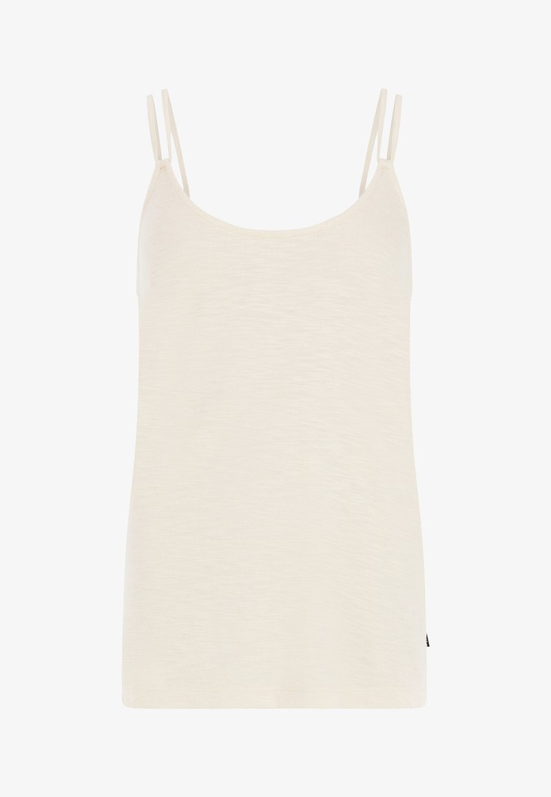 Camisole v svetlo béžovej látke, s tenkými nastaviteľnými ramienkami, okrúhlym výstrihom a hladkým, jemne textúrovaným povrchom.