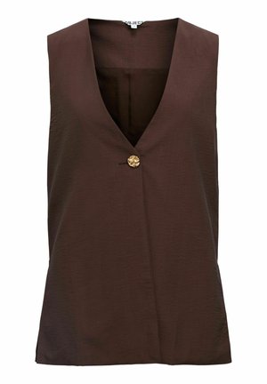 Gilet sans manches couleur brun foncé avec un col en V, doté d'un seul bouton décoratif doré à l'avant, en tissu texturé.