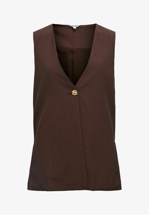 Gilet senza maniche marrone scuro con scollo a V e un unico bottone decorativo dorato sul davanti, realizzato in tessuto strutturato.