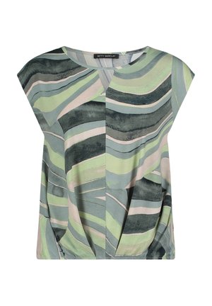 Haut léger à manches courtes de couleur verte avec des rayures ondulées de nuances variées. Présente un col rond et un ourlet froncé pour une coupe décontractée.