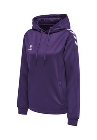 Sweat à capuche violet à manches longues, poche avant, cordons, bandes épaules blanches en chevron et petit logo blanc sur la poitrine.