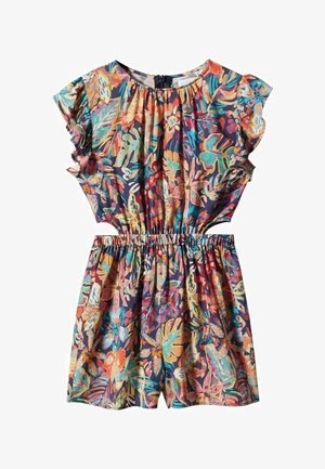 Combinaison-short à imprimé floral avec manches courtes à volants, taille élastiquée et couleurs vives comprenant du bleu, vert, rose et orange.